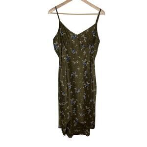 Vintage Express Women Silk Slip Dress 13/14 Green Ditsy Floral Tulip Hem 90s Y2K